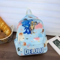 Light blue children backpack featuring cartoon shark and cat prints with Delulu text - Blue