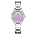 Women's quartz watch with silver steel band, purple dial and crystal bezel - Silver Band Purple Dial