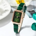 Elegant rose gold square watch with a deep green dial and crocodile texture leather strap - Rose Gold Case Green Dial Green Strap