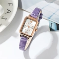 Elegant rectangle rose gold watch with purple crocodile leather strap and silver dial - Rose Gold Case White Dial Purple Strap