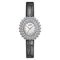 Elegant women's quartz watch with oval diamond-set sunflower bezel and black leather strap - Silver Case White Shell Dial Black Leather Strap
