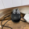 Mini black leather kids crossbody bag with a plaid bow and cartoon cat design - Black