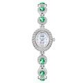 Elegant silver quartz watch with oval green gemstones and crystal-encrusted bracelet link - Silver With Green Rhinestone