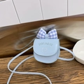 Mini light blue kids crossbody bag with plaid bow and cat embroidery on PU leather - Blue