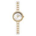 Women's quartz watch with gold rhinestone bezel and dual-row white pearl bracelet - Gold Case White Mother of Pearl Dial Gold Band