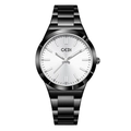 Reloj de cuarzo para mujer con correa de acero negro y esfera plateada de efecto cepillado - Caja Negra Esfera Blanca