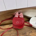 Mini red crossbody bag for kids featuring a plaid bow and cute kitten illustration - Red