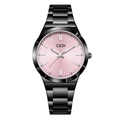 Reloj de cuarzo GEDI para mujer con correa de acero negro y esfera rosa claro tipo rayo - Caja Negra Esfera Rosa