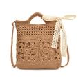 Sac bandoulière au crochet marron avec fleurs ajourées et nœud en dentelle crème - Kaki