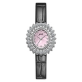 Women's quartz watch with black leather strap, pink shell dial and crystal sunflower bezel - Silver Case Pink Shell Dial Black Leather Strap