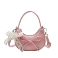 Pink crescent handbag with pearl bow pendant and adjustable PU leather shoulder strap - Pink