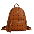 Brown printed backpack with bear pattern and gold studs on a clean white background - With Pendant / Large / Yellow