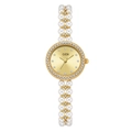 Montre dorée pour femme avec bracelet en perles double rang et lunette en diamants - Boîtier Or Cadran Or Bracelet Or