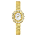 Montre dorée à maille fine avec lunette en cristal et cadran en nacre véritable - Boîtier Doré Cadran Coquille Blanche Bracelet en Maille à Chevrons Blanc