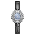 Montre femme élégante avec cadran nacre bleue et lunette cristal sur cuir noir gaufré - Boîtier Argenté Cadran Nacre Noir Bleu Bracelet en Cuir Noir