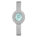 Montre en maille argentée avec lunette tournesol strass et cadran bleu clair - Boîtier Argenté Cadran Coquille Verte Bracelet en Maille à Chevrons Blanc