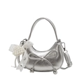 Silver crescent pearl bow handbag with metallic texture and removable strap - Silver