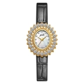 Montre Gedi de luxe pour femme avec lunette tournesol en cristal et bracelet en cuir noir - Boîtier Doré Cadran Nacre Blanche Bracelet en Cuir Noir