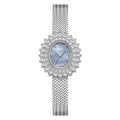 Elegant silver watch with light purple mother of pearl dial and sunflower rhinestone bezel - Silver Case Black Shell Blue Dial White Herringbone Mesh Strap
