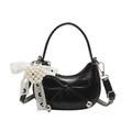 Chic black crescent handbag with pearl bow charm and adjustable shoulder strap for women - Black