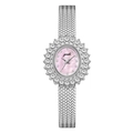 Silver mesh band lady watch with oval pink mother of pearl dial and crystal bezel - Silver Case Pink Shell Dial White Herringbone Mesh Strap