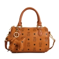 Fashionable brown kitty print boston bag with leather texture and cute puppy charm - With Pendant / Yellow
