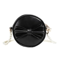 Round black PU leather toddler crossbody bag with large bow and white pearl chain - Black