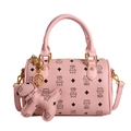 Pink Boston bag with kitten print, lychee texture leather and a puppy charm - With Pendant / Deep Pink