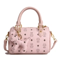 Pink Boston bag with cat monogram print, litchi texture, and cute puppy charm - With Pendant / Light Pink