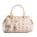 Cream white Boston bag featuring cat print pattern and removable shoulder strap - With Pendant / Off White