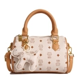 Chic cream white cartoon cat print boston bag with brown handles and a puppy charm - With Pendant / Set Yellow
