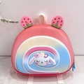Detail of pink strawberry ears and 3D rabbit head on kids rainbow hardshell backpack - Lotus root pink