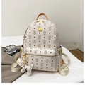 Sac à dos en cuir crème avec imprimé chat, fermetures éclair dorées et porte-clé chien - Sac Seul / Beige