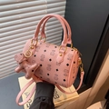 Pink kitten Boston bag in lychee grain faux leather with gold rings and cat charm - Bare Bag / Deep Pink