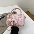Pink Boston cat print handbag with cute puppy charm and golden hardware - Bare Bag / Light Pink