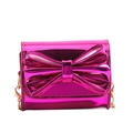 Cute pink metallic patent leather crossbody bag with a large bow and gold chain strap - Rose Red