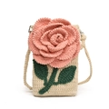 Handmade crochet crossbody phone bag with pink 3D rose flower on cream base - 3D Rose / Pink