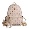 Creamy beige printed backpack with cute cat patterns and rivet details - With Pendant / Large / Beige