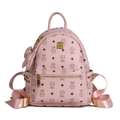 Mini zaino rosa con stampa di gatti, pelle a grana litchi e borchie dorate - Solo Borsa / Medio / Rosa Chiaro