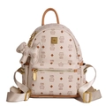 Zaino chic beige con stampa orsetto, borchie dorate e ciondolo a forma di gatto - Solo Borsa / Medio / Beige