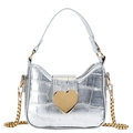 Silver crocodile textured mini chain bag with a golden heart clasp for girls - Silver