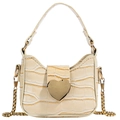 Creamy white crocodile texture mini bag with golden heart clasp and metal chain strap - Khaki
