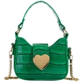 Green faux crocodile skin mini handbag with a golden heart-shaped lock and chain strap - Green