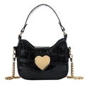 Kids black crocodile pattern mini bag with golden heart buckle and chain strap - Black