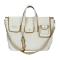 Sac bandoulière minimaliste en toile crème avec bordure en cuir marron et poches multiples - Blanc