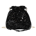 Chic black sequin drawstring bucket bag with elegant gold chain shoulder strap - Black