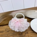 Minibolso rosa de tweed para niña con asa de perlas, encaje y detalle de lazo - Lazo Rosa
