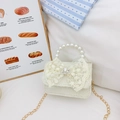 Bolso de encaje blanco crema para niña con lazo, asa de perlas y cadena de metal dorado - Blanco con Lazo