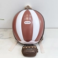 Detail of creative 3D hot air balloon backpack with hanging basket and slogan - Brown