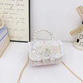 Sac à main fille en tweed rose avec poignée en perles et nœud en dentelle chic - Coloré
